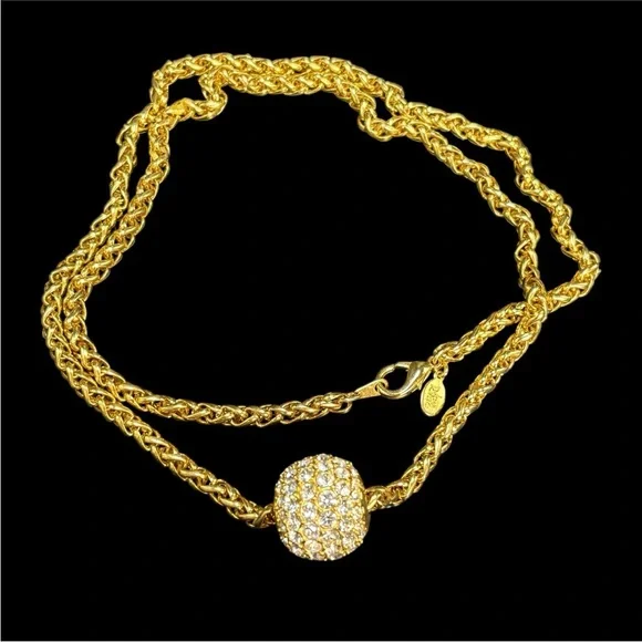 Vintage Joan Rivers Pave' Crystal Ball Necklace Foxtail Chain 30" Long Goldtone - Picture 3 of 16